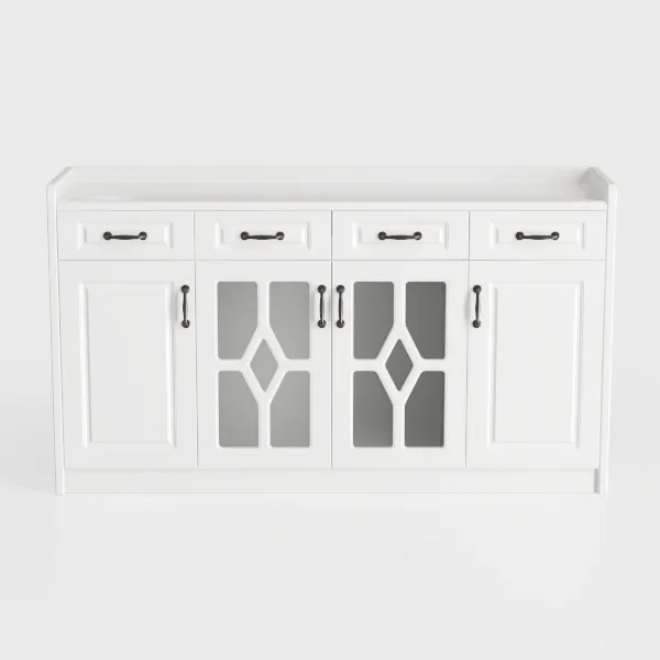 Modern White Solid Wood Glass Front Sideboard Cabinet 3D Model Front View
