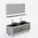 Modern Double Vessel Sink Bathroom Vanity with Wall Mirror and Shelf 3D Model Right 45 Degree View
