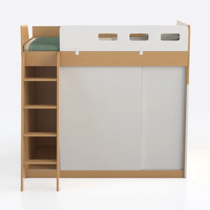 Minimalist Solid Wood Kids Loft Bed with Wardrobe and Shelves 3D Model