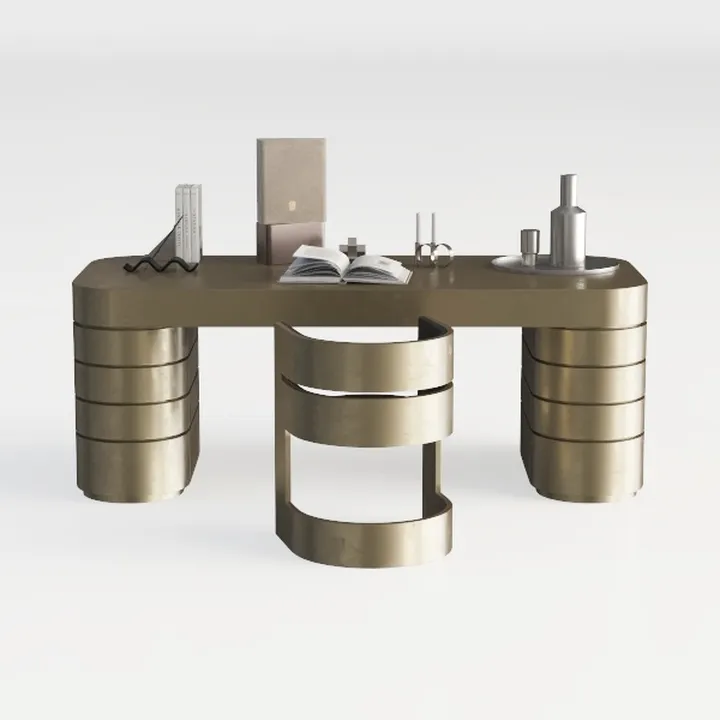 Modern Brass Metal Office Desk With Curved Storage 3D Model