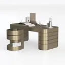 Modern Brass Metal Office Desk With Curved Storage 3D Model Left 45 Degree View