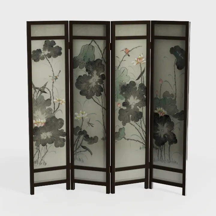 Chinese Style Floral Printed Wood Fabric Room Divider Screen 3D Model