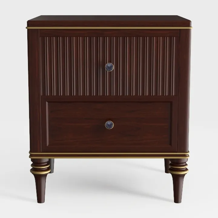 Traditional Solid Walnut Wood Two Drawer Nightstand with Gold Accents 3D Model