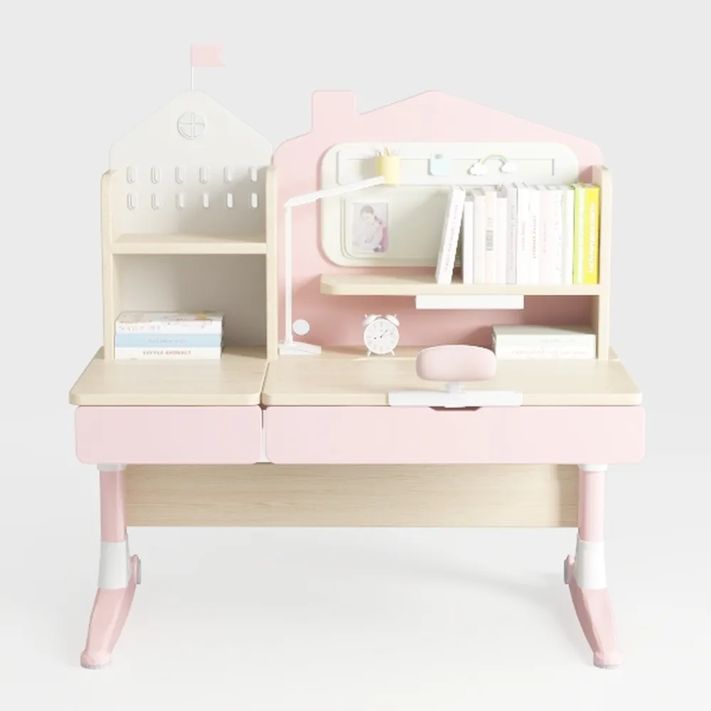 Wood Writing Desk with Storage Drawers and Bookshe
