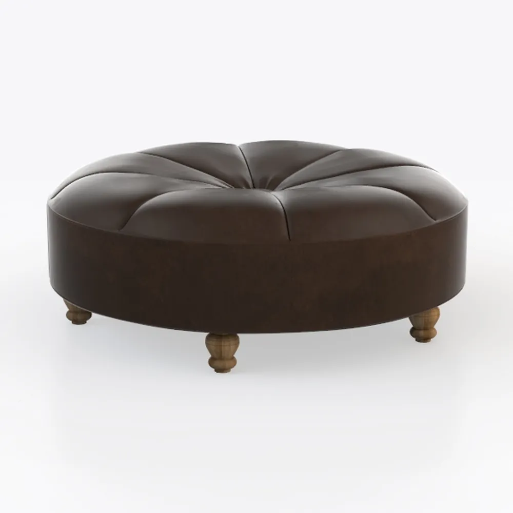 Button Tufted Faux Leather Round Ottoman