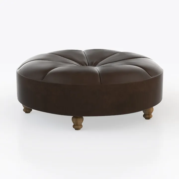 Button Tufted Faux Leather Round Ottoman