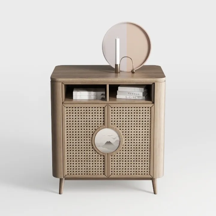 Japandi Solid Wood Rattan Accent Cabinet 3D Model