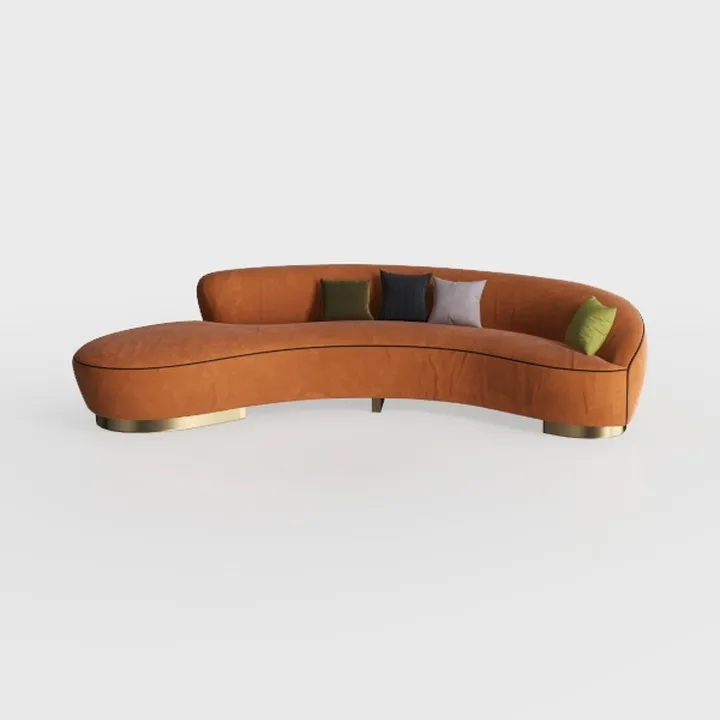 Modern Velvet Curved Sofa With Brass Base Decorative Throw Pillows 3D Model