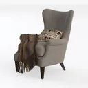 Modern Linen Fabric Wingback Armchair with Throw Blanket Pillow 3D Model Left 45 Degree View