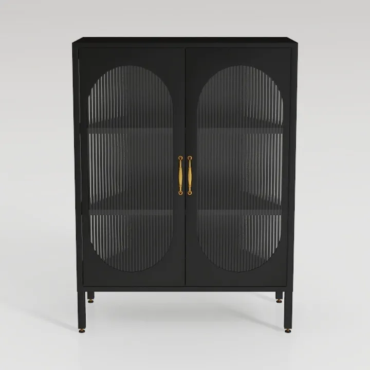 Modern Black Metal Fluted Glass Double Door Cabinet 3D Model