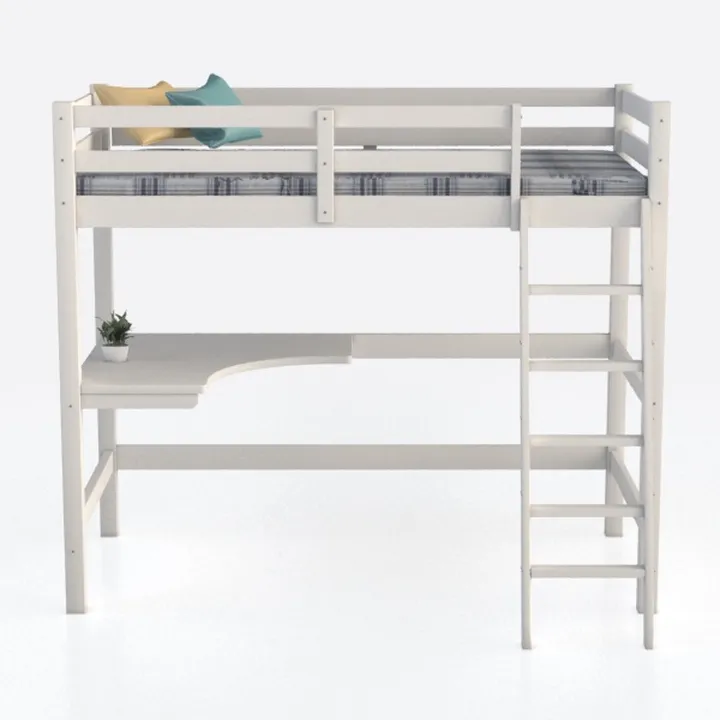 Minimalist White Solid Wood Loft Bed with Built in Desk 3D Model