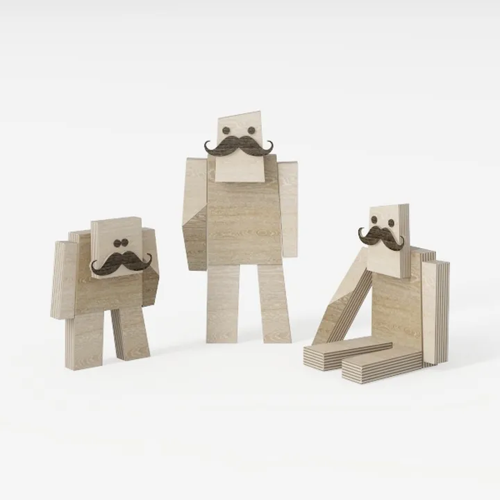 Minimalist Solid Wood Mustache Decorative Robot Figures 3D Model