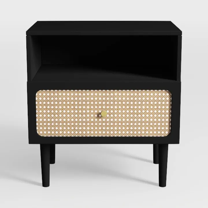 Modern Black Solid Wood Rattan Nightstand With Single Drawer 3D Model
