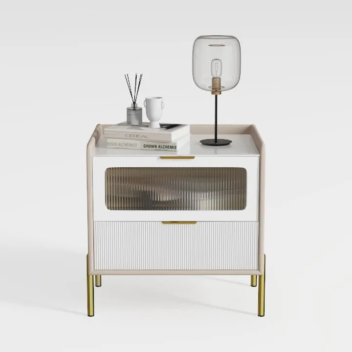 Modern Minimalist Fluted Glass Solid Wood Metal Nightstand 3D Model
