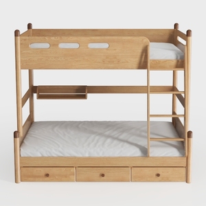 Minimalist Solid Wood Bunk Bed with Storage Drawers Shelf 3D Model