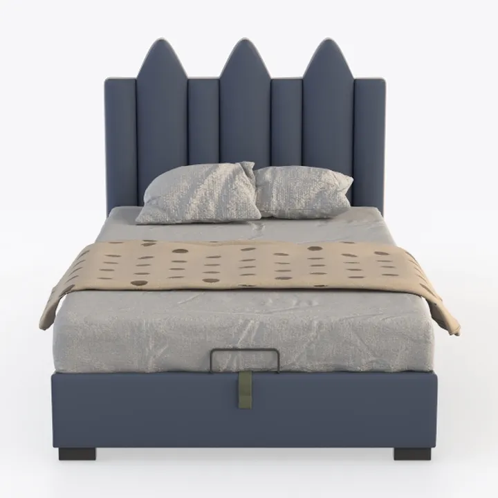 Modern Navy Blue Upholstered Queen Bed With Unique Channel Tufted Headboard 3D Model