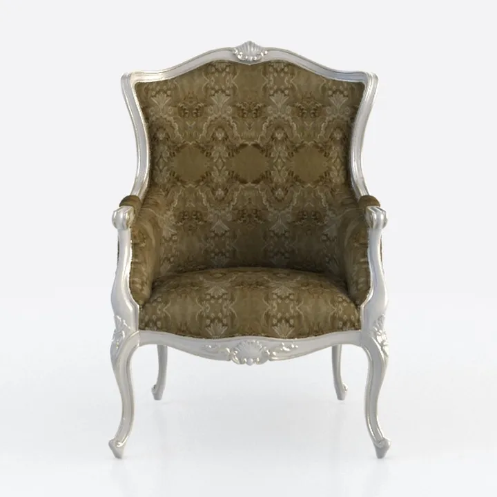 Vintage French Fabric Wooden Wingback Armchair 3D Model