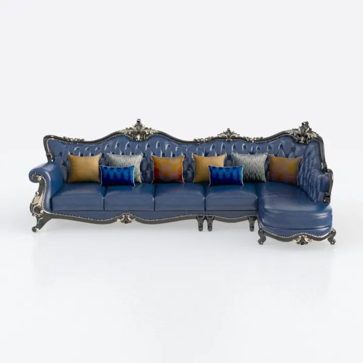 Classic Vintage Blue Leather Tufted Sectional Sofa 3D Model