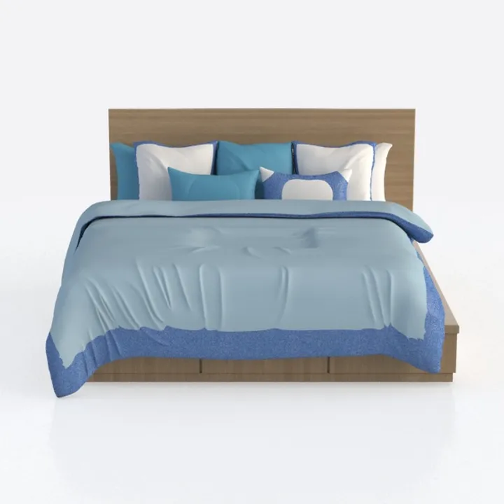 Modern Solid Wood King Bed With Blue Bedding 3D Model
