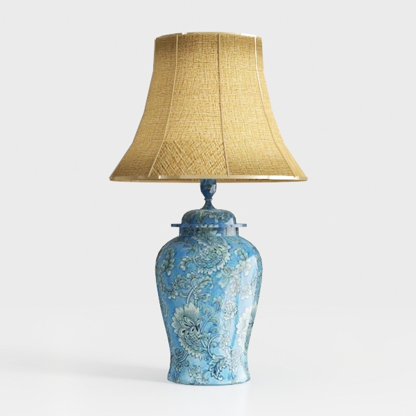 Blue Hand-Painted Ceramic Table Lamp Gold Flower