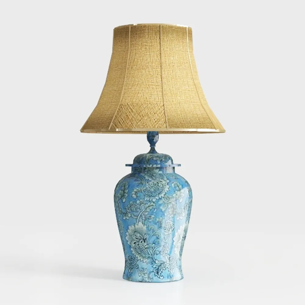 Blue Hand-Painted Ceramic Table Lamp Gold Flower