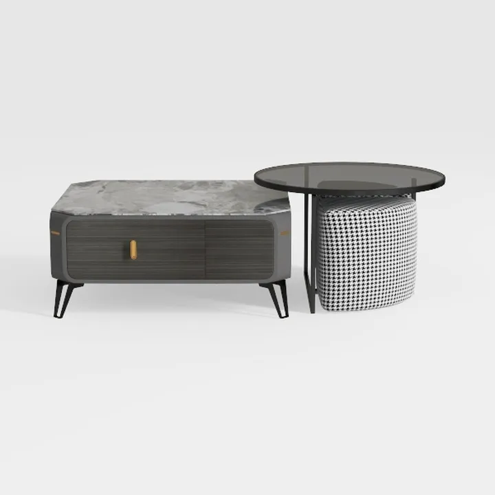 Modern Marble Top Wood Metal Storage Coffee Table with Side Ottoman 3D Model
