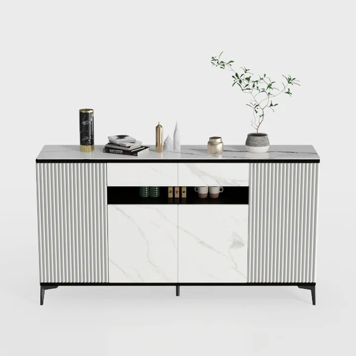 Modern Marble Top Fluted Solid Wood Sideboard 3D Model