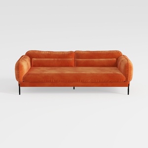 Modern Velvet Upholstered 3 Seater Sofa With Black Metal Legs 3D Model