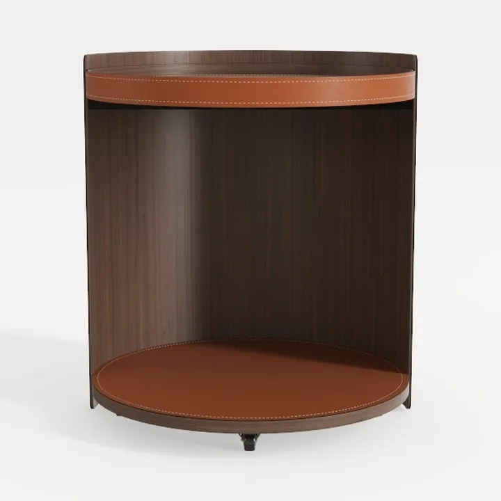 Modern Dark Walnut Leather Accent Side Table Open Storage 3D Model