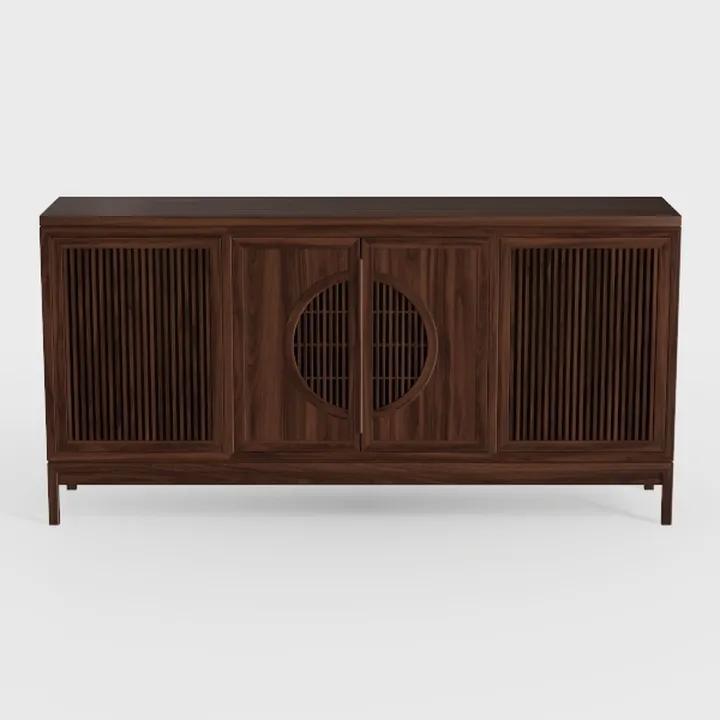 Modern Solid Walnut Wood Sideboard Cabinet with Circular Lattice Doors 3D Model