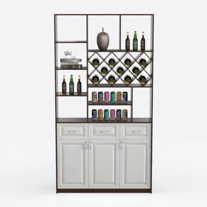 Modern Solid Wood Wine Display Cabinet With Storage Drawers Doors 3D Model