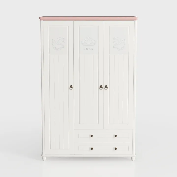 Pink White Kids Style Three Door Wardrobe With Swan Details 3D Model