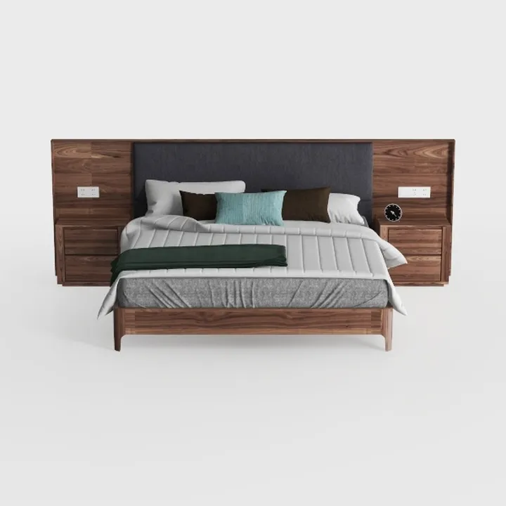 Minimalist Walnut Solid Wood Upholstered King Bed with Matching Nightstands 3D Model