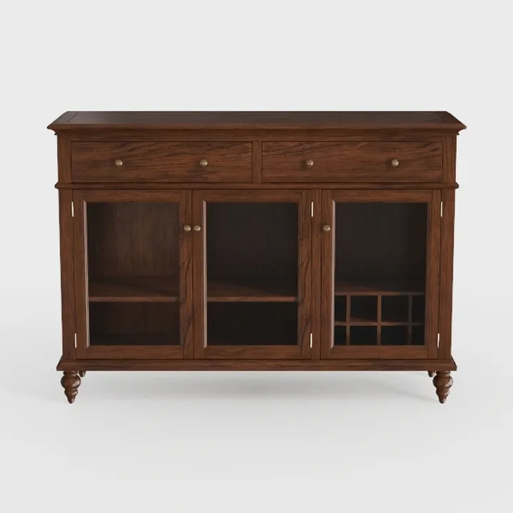 Vintage Solid Walnut Wood Sideboard Buffet with Glass Doors and Wine Rack 3D Model