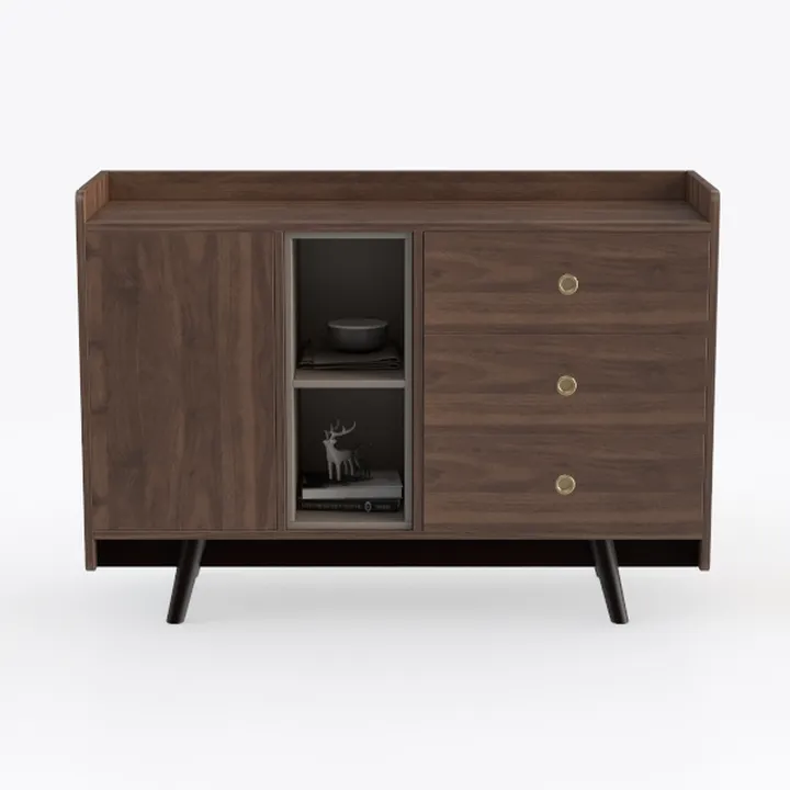 Mid Century Modern Walnut Wood Sideboard Cabinet With Drawers Open Storage 3D Model