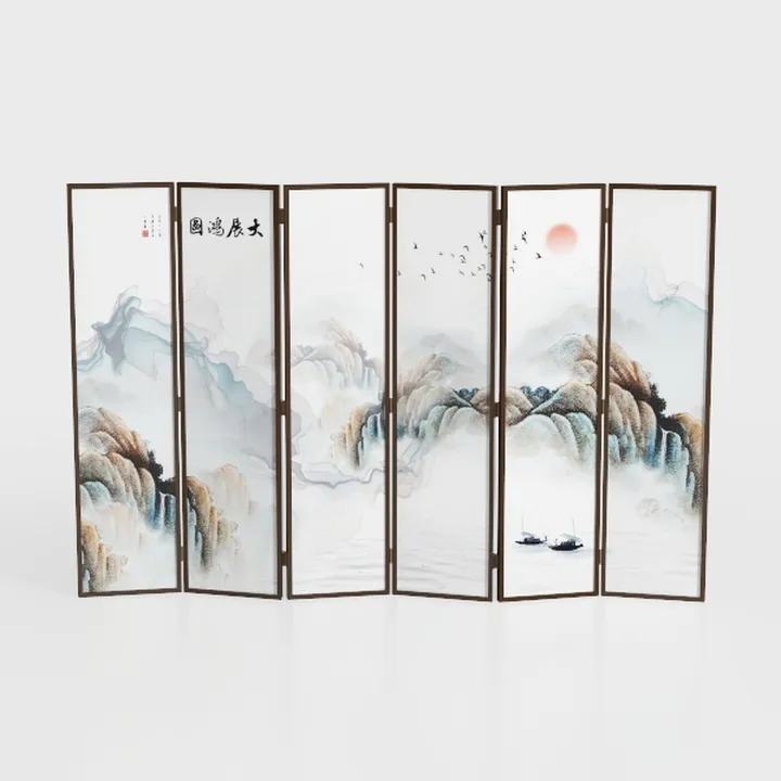 Chinese Style Ink Painting Folding Room Divider Screen 3D Model