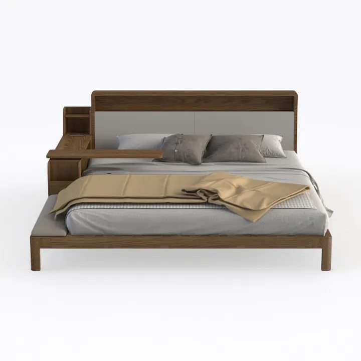 Modern Solid Wood Upholstered Platform Bed with Side Storage 3D Model