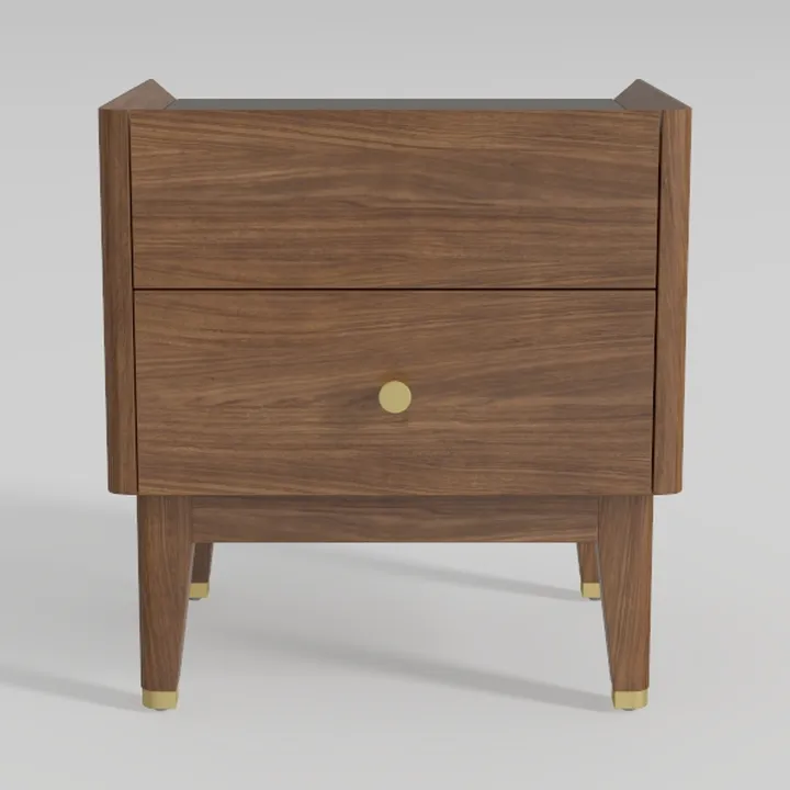 Mid-Century Walnut Wood Brass Accent 2 Drawer Nightstand 3D Model