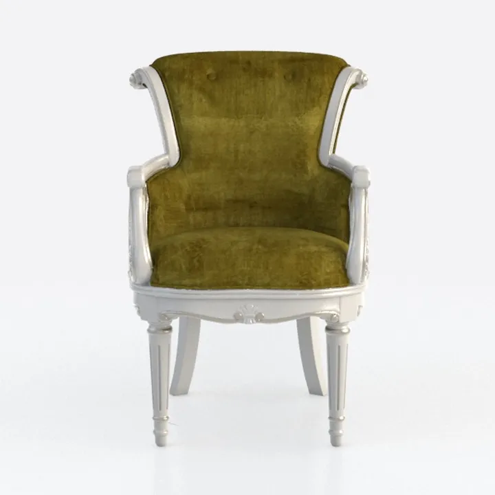 Vintage Velvet White Wood Carved Armchair 3D Model