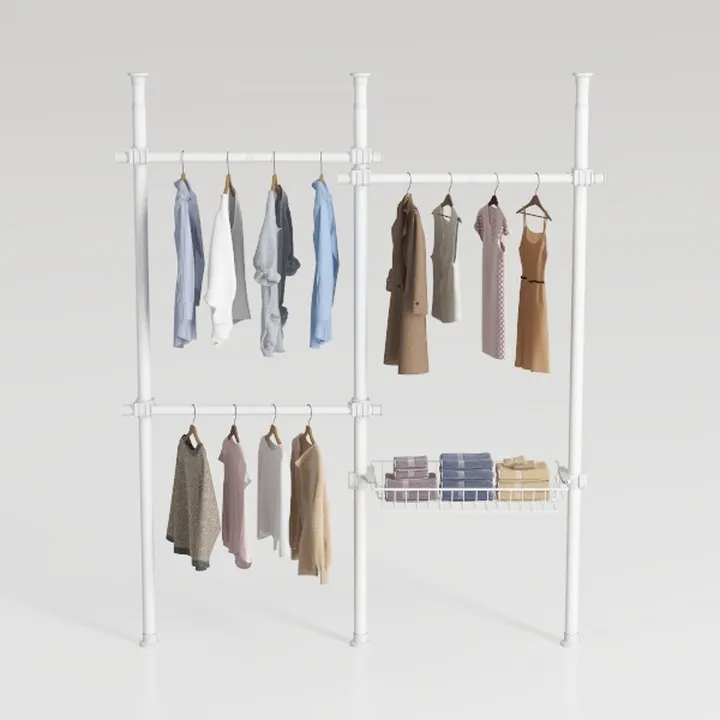Minimalist White Metal Freestanding Clothing Rack With Storage Shelf 3D Model