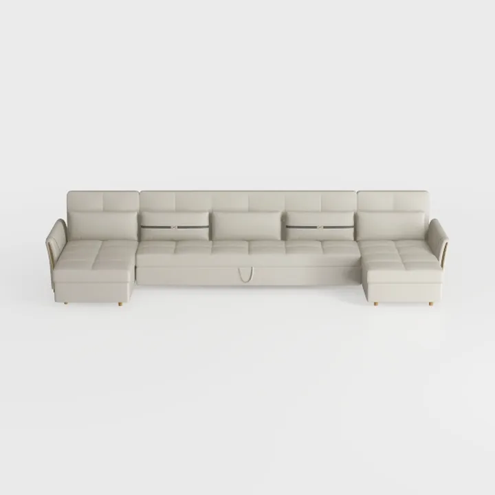 Minimalist Beige Leather U Shaped Sectional Sofa 3D Model