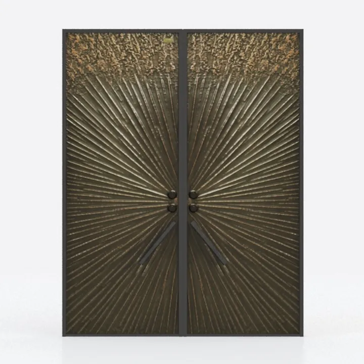 Vintage Industrial Metal Double Front Door with Sunburst Pattern 3D Model