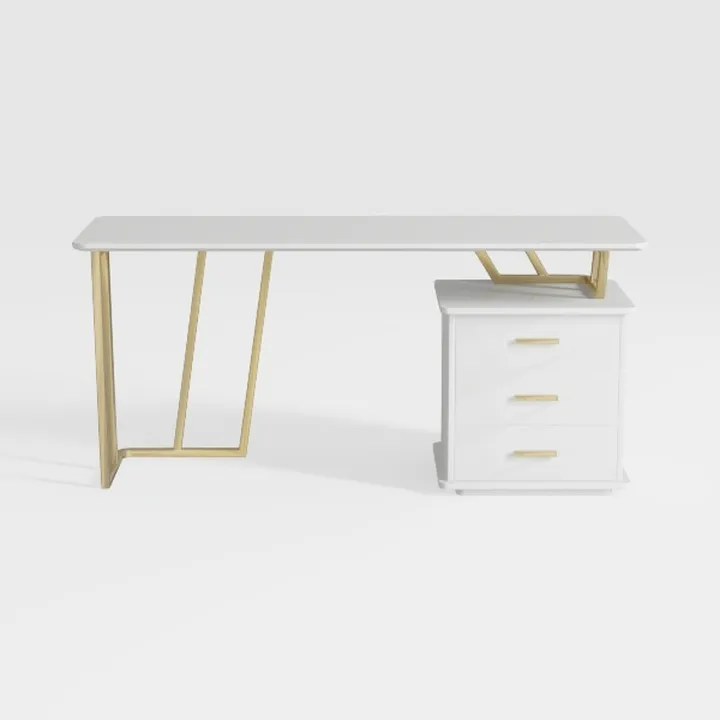 Modern White Gold Metal Contemporary Office Desk with Storage Drawers 3D Model