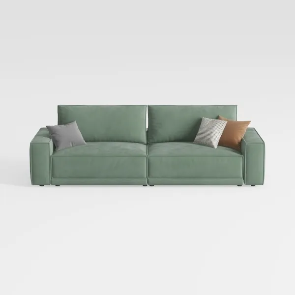 Minimalist Sage Green Fabric Sofa With Decorative Throw Pillows 3D Model Front View