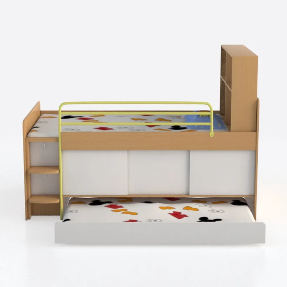 Letto a castello QUBA a 3 posti, 200 x 90 cm, con reti e materasso in bianco, grigio o pino naturale (grigio/rosa)