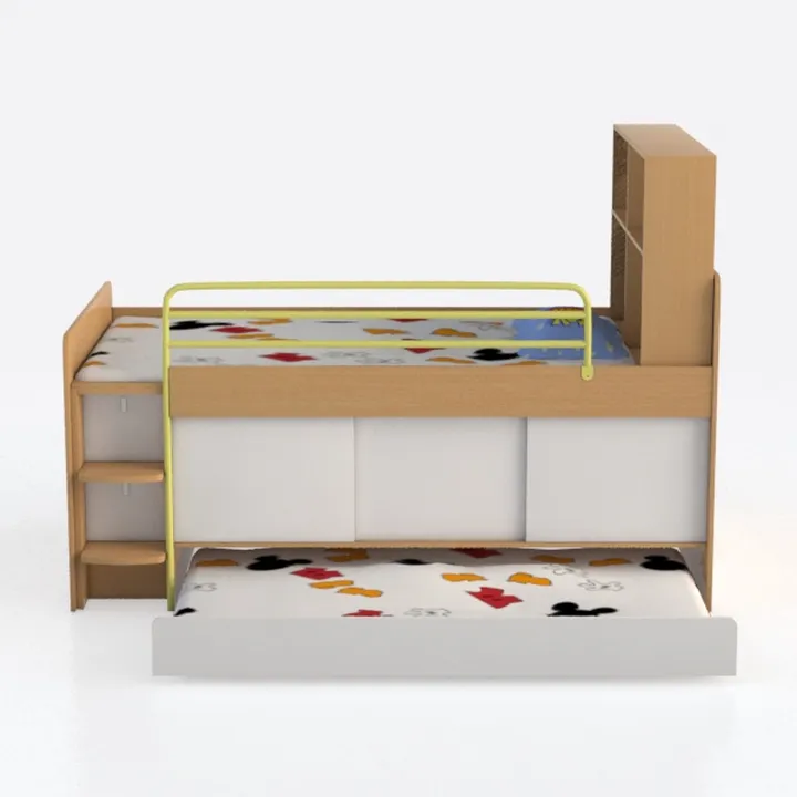 Letto a castello QUBA a 3 posti, 200 x 90 cm, con reti e materasso in bianco, grigio o pino naturale (grigio/rosa)