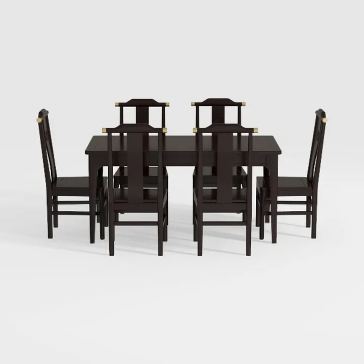Traditional Solid Wood Brass Accent Dining Table Set 3D Model