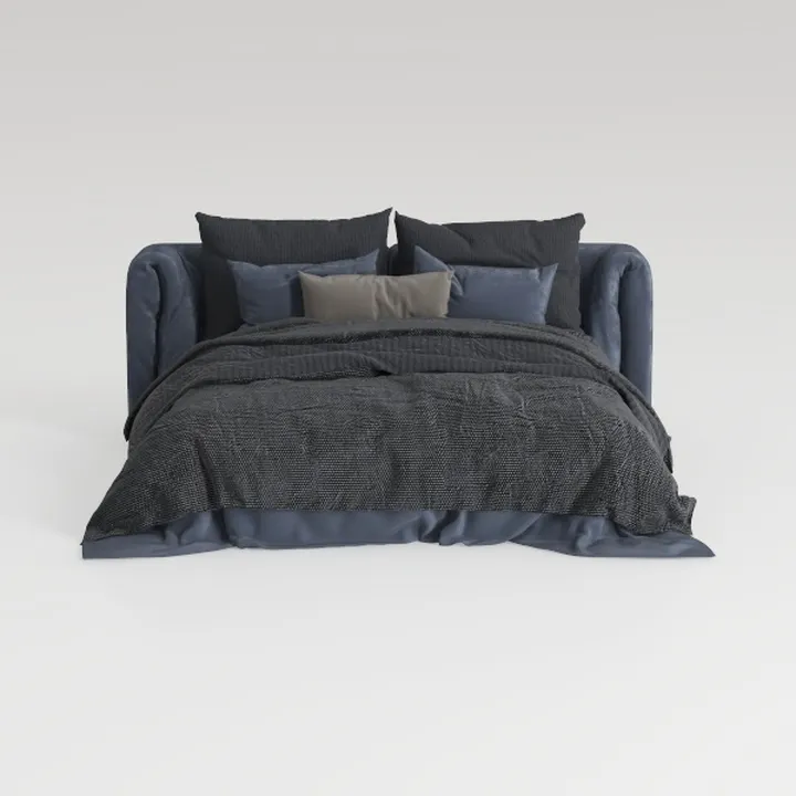 Modern Minimalist Dark Fabric Upholstered Bed With Throw Pillows 3D Model