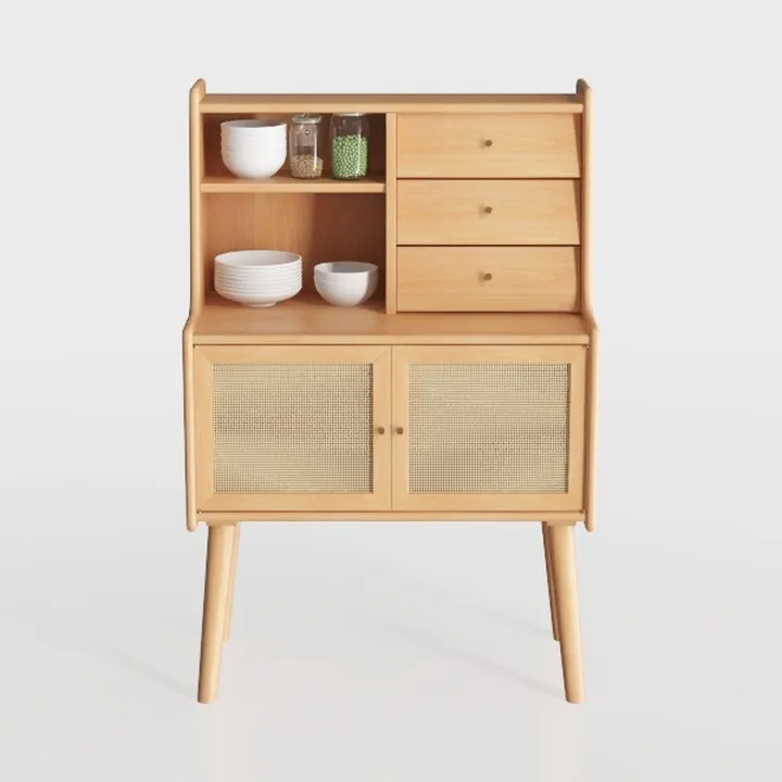 Mid Century Solid Oak Rattan Cabinet With Drawers Open Shelves 3D Model
