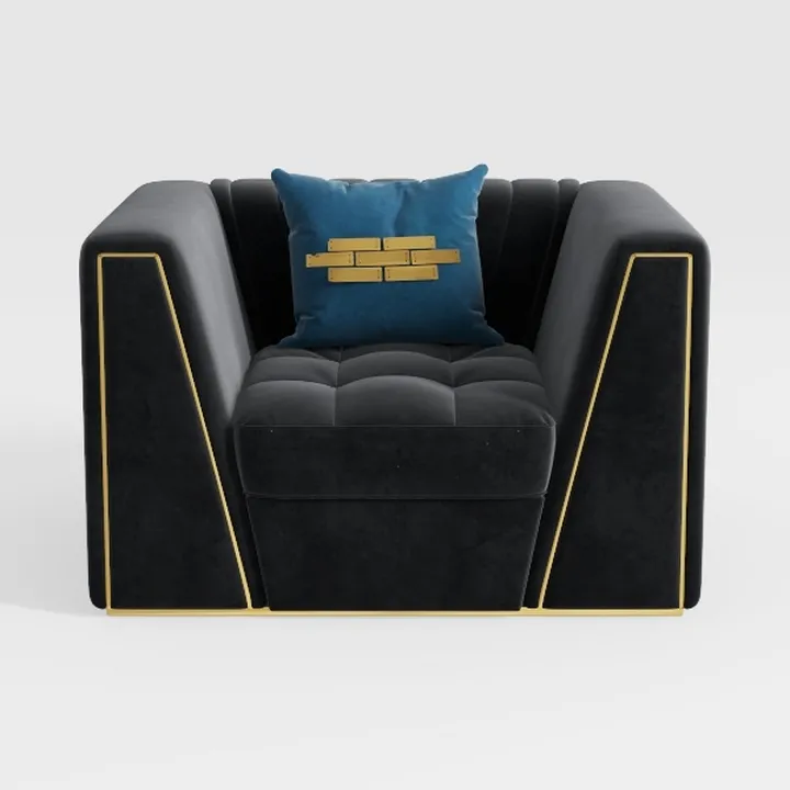 Modern Black Velvet Gold Trim Tufted Armchair 3D Model